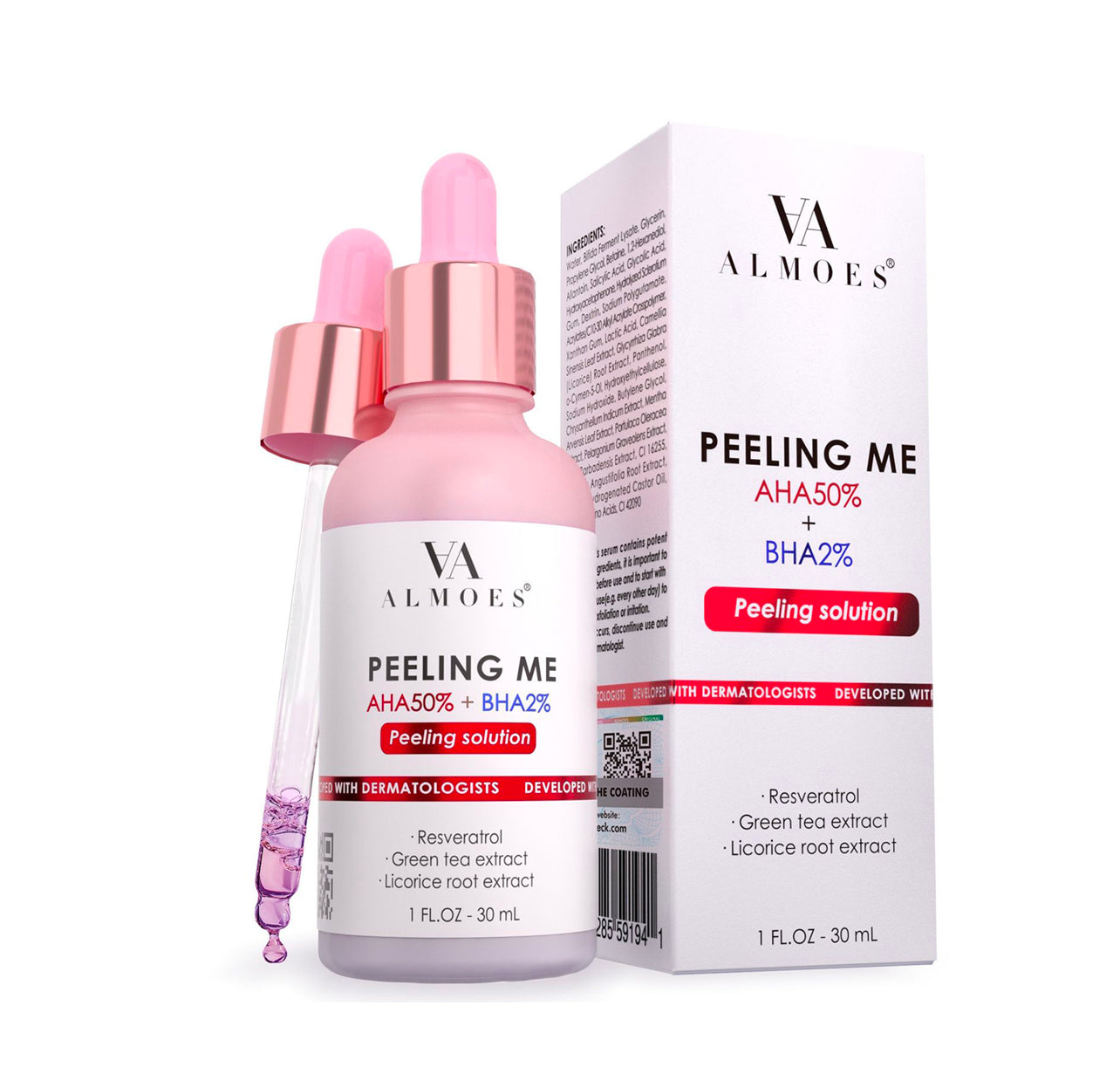 Almoes Serum, AHA 50%  BHB 2%,Peeling Me, Licorice Root, Resveratrol, 1 FL.OZ-30mL