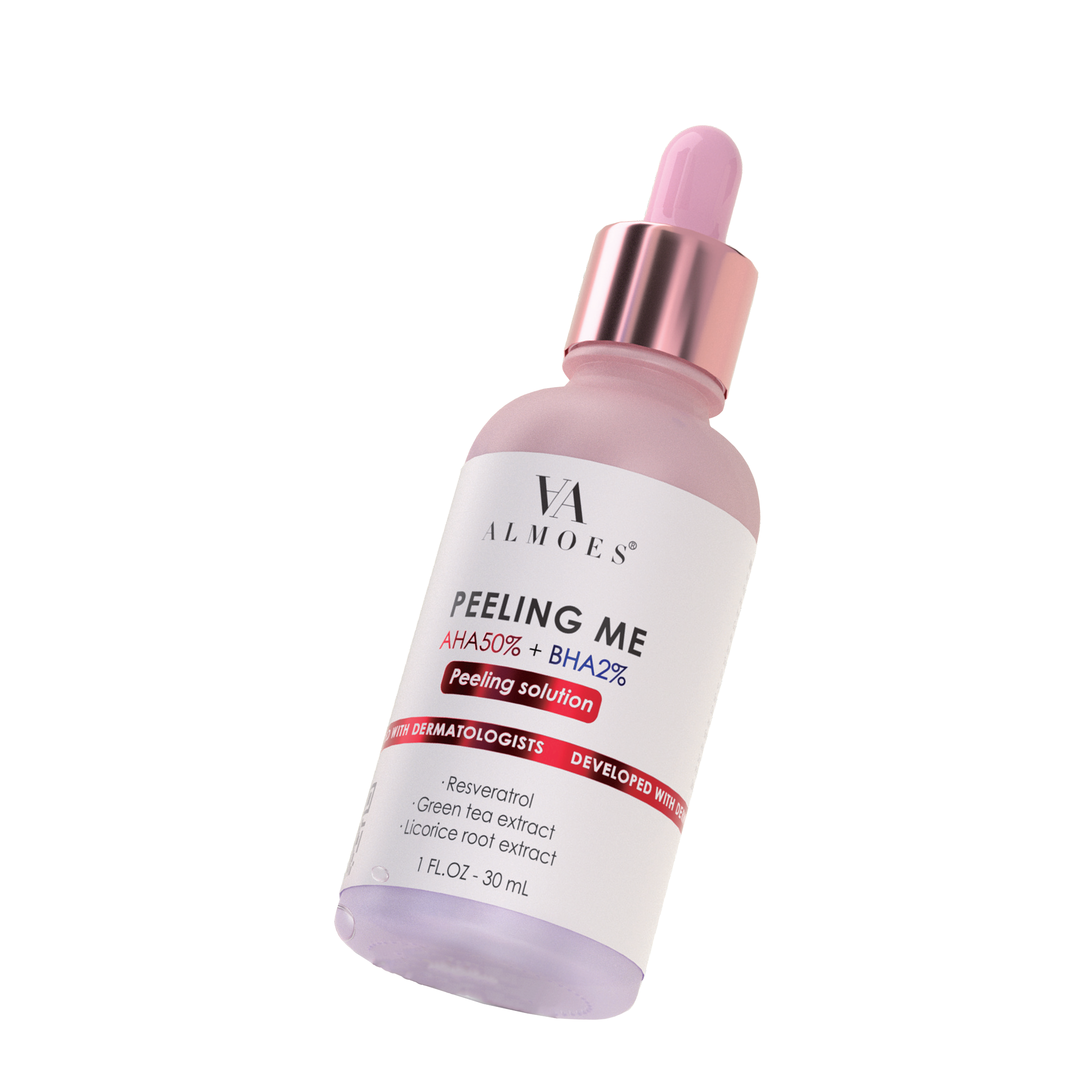 Almoes Serum, AHA 50%  BHB 2%,Peeling Me, Licorice Root, Resveratrol, 1 FL.OZ-30mL